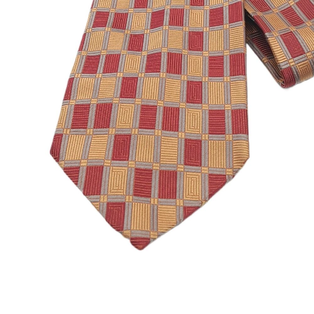 Jos A. Bank Silk Tie Mens Long 62” Tan Red Geometric Italy Designer Wide New